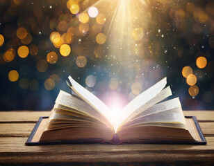 Wall Mural - Open book on wooden vintage table with mystic magic bright light on background
