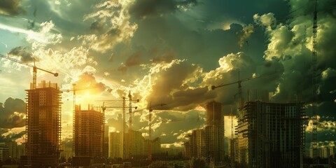 Wall Mural - A city skyline with a beautiful sunset in the background