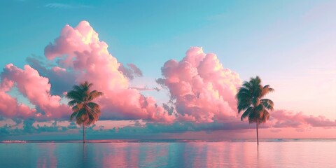 Wall Mural - Two trees are in the water, with the sky above them being pink