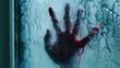 In the eerie horror scene, a bloodied hand is pressed against the wet shower glass