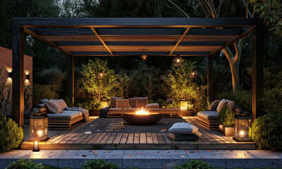 Poster - 3D rendering of a modern garden with a wooden terrace and seating area at night time, with outdoor lighting, plants, wood furniture, lanterns, a black metal roof, a cozy mood, a sofa set
