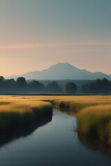 Wall Mural - AI generated illustration of scenic wetlands with distant mountains and trees