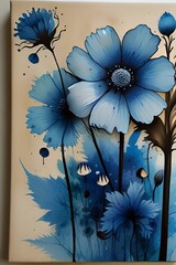 Sticker - AI generated illustration of blue flowers in a vase next to the wall