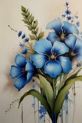 Canvas Print - AI generated illustration of hand-painted blue flowers on white board