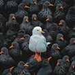 A white seagull stands out in a flock of black birds