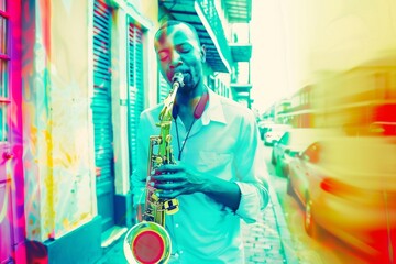 Joyful African-American Jazz Musician Playing Saxophone on New Orleans Street Corner for Black Music Month