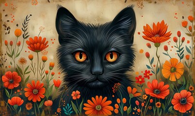 Wall Mural - Illustration of a cat in flowers on a light background.