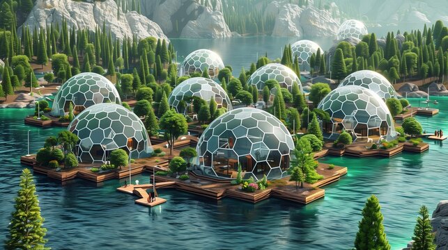 Architectural design drawings of a floating seasteading city. Large geodesic dome structures on floating hexagonal islands. Large fresh water lakes and lots of trees and plants growing.