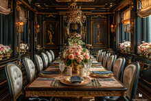 An Opulent Private Dining Space Featuring A Grand Banquet Table Adorned With Fresh Floral Centerpieces And Ornate Gold Accents, Fit For Royalty.