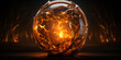 Glass ball with fire inside of it on wooden floor with lights black building desert on black background.
