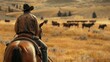 Outdoor rural scene of the view from behind of a cowboy wearing leather chaps sitting in the saddle on his horse that is watching the livestock herd, rear view