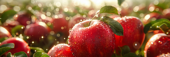Poster - Close-up of Fresh, Ripe Red Apples on the Tree, Sunny Day in Orchard