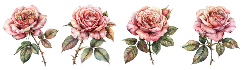 Wall Mural - Watercolor rose flowers isolated on transparent background. 