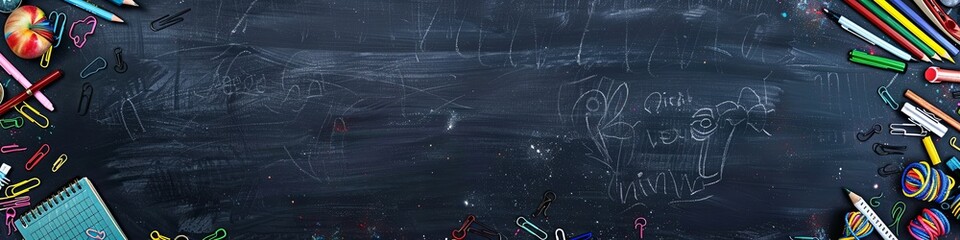 panoramic school supplies border on black chalkboard