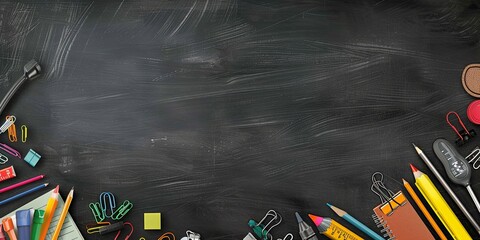Panoramic School Supplies Border on Black Chalkboard