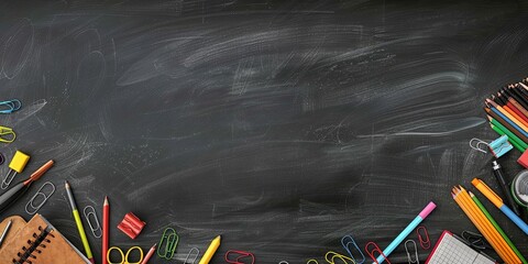 Panoramic School Supplies Border on Black Chalkboard