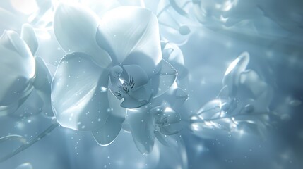 Canvas Print -   A tight shot of a white bloom, its petals dotted with water beads, against a backdrop of a blue sky