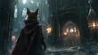 A cunning fox, draped in a cloak of midnight velvet, stealthily navigates the labyrinthine corridors of an ancient castle, its keen senses alert for any sign of danger.