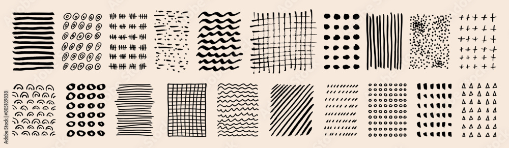 Vector vintage hand drawn hatching patterns. Lines, dots, circles ...