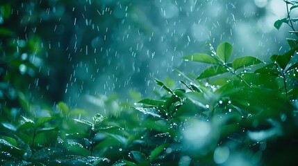 Sticker - A gentle rain falls on the roadside, each droplet glistening like a diamond against the backdrop of lush green leaves, a scene of serene beauty in the midst of a storm.
