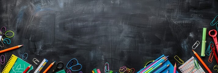 Panoramic School Supplies Border on Black Chalkboard