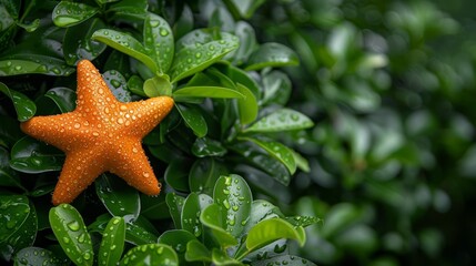 Wall Mural -  its body dotted with water droplets; verdant leaves surround