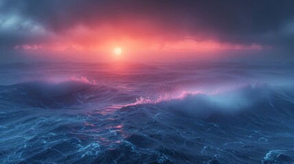 Wall Mural -   A sunset over a vast water expanse, with a prominent wave in the foreground and the sun casting an orange glow in the distance