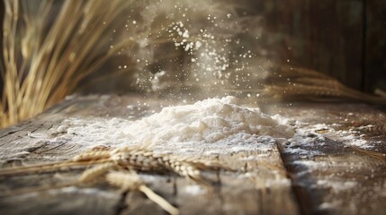 A pile of wheat flour scattered on a wooden table