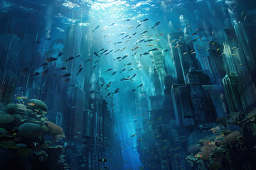 Wall Mural - An underwater city with coral skyscrapers and schools of fish swirling like birds in the sky.