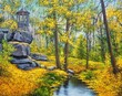 Ukraine. Uman. National Dendrological Park Sofiyivka. Fine art, oil paintings landscape, autumn in the park 
