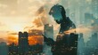 © irawan - The double exposure image of the business man holding phone sunrise overlay with cityscape image.