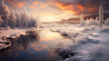 Poster - winter view at sunrise on the lake.AI generated image