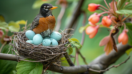 robin in nest with eggs