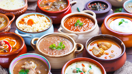 Wall Mural - table filled with bowls of different soups and sauses from different countries cousine with vegetables or meat 