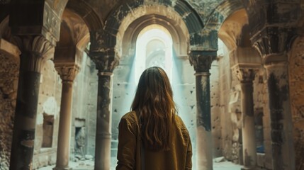 Wall Mural - A portrait of a female tourist in an ancient building