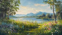 A Beautiful Landscape Oil Painting With A Lake, Mountains, And A Meadow Full Of Flowers