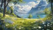 A beautiful landscape oil painting with a lake, mountains, and trees