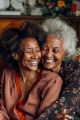 Wall Mural - Overwhelmed with happiness, an elderly mother and her adult daughter share a moment of joy, sitting together on the sofa with beaming smiles, enjoying the love and closeness of family