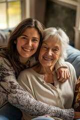 Wall Mural - Vertical portrait of an adult granddaughter and grandmother on the sofa in a cozy bedroom, a charming photo captures the essence of family ties, a portrait for Mother's Day