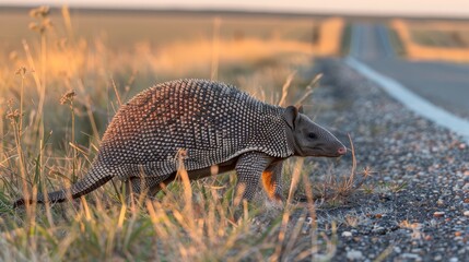 Wall Mural -   An armadillo walks along the edge of a road in a grassy and dirt expanse, with the background featuring a distant stretch of asphalt