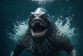Deep sea monster - underwater - Ocean depths mystery - Copy Space - Creepy demon