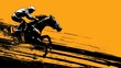   A man atop a galloping horse against a yellow backdrop in a race track setting