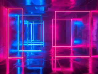 Wall Mural - Vivid neon rectangles creating a tunnel effect in a dark, reflective space.