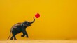   An elephant engages with a red ball in a yellow room Surrounding the scene is a yellow wall as the backdrop