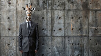 Poster -   A man stands before a wall with a giraffe head replaced as his own head