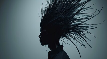 Wall Mural -   A monochrome image of a woman's profile, her hair swaying in the wind against a gray backdrop