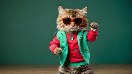 Wall Mural - Cat dancing against a green background while sporting vibrant clothing and sunglasses