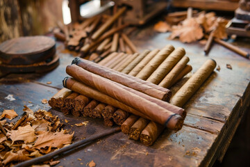 Wall Mural - Handcrafted cigars next to raw tobacco leaves showcasing manufacturing 