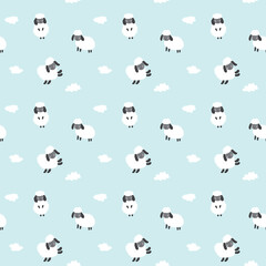 Wall Mural - Cute Sheep Seamless Pattern, Cartoon Background vector Illustration