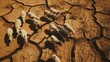 Dried up lake, cracked earth and sheeps walking on it aerial view stock photo contest winner, best quality, high resolution